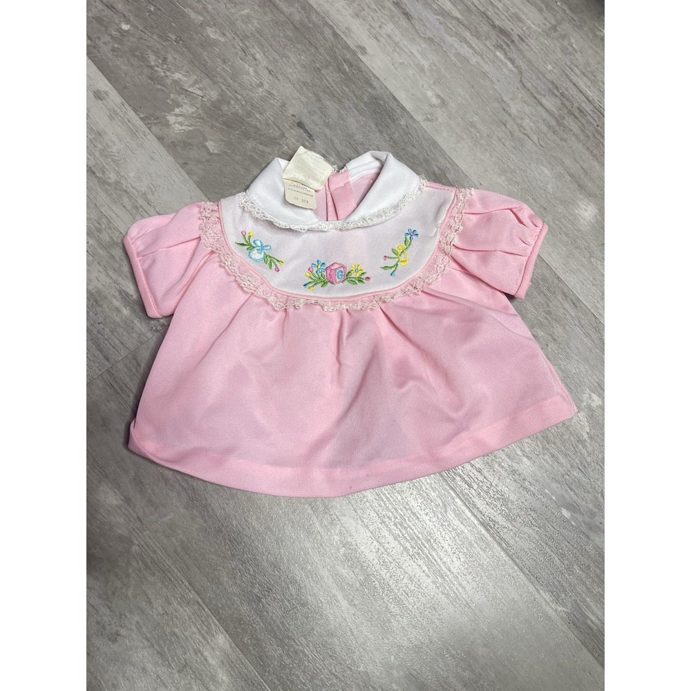 Vintage 80s Mayfair Pink Floral Dress Baby Girl Sz Newborn Faux Apron Country